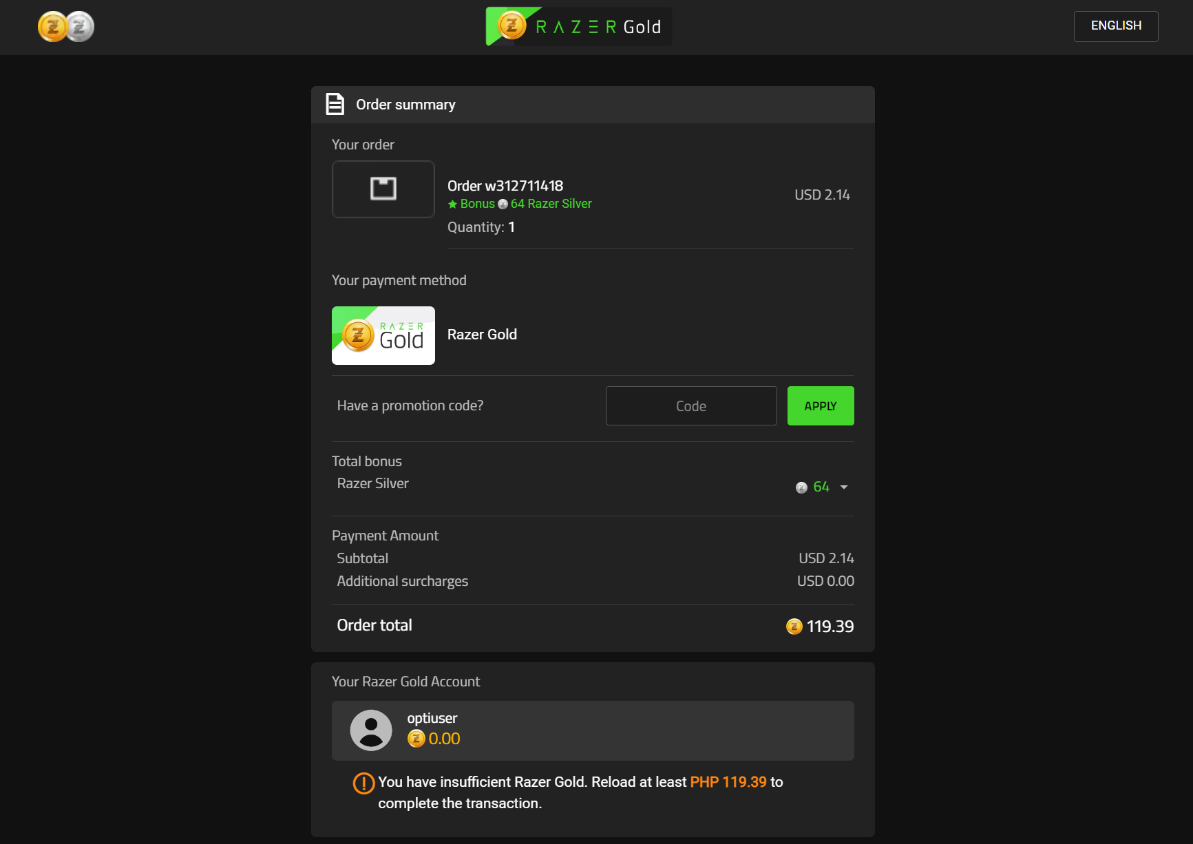 Razer Gold payment page